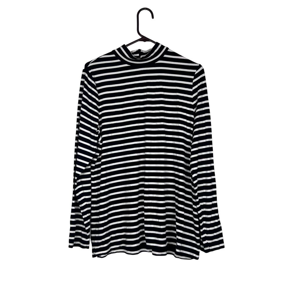 Chico’s Black White Stripe Mock Neck Long Sleeve‎ Stretch Top Size 2 NWT
